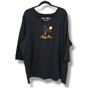 Onque Woman Black Halloween Embroidered Tree Pumpkins Owl Moon 3X Top Shirt